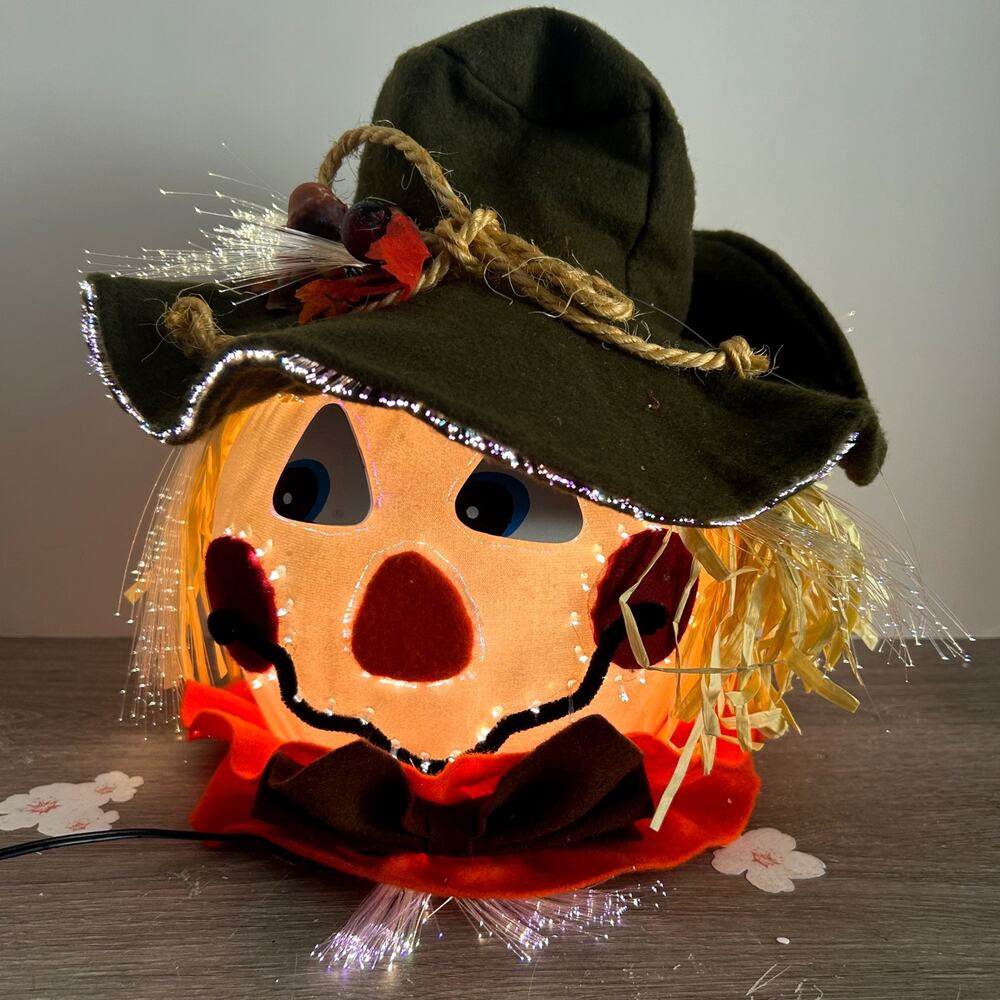 Vintage Fiber Optic Halloween Scarecrow Head Light Up Whimsical Decor 11” EUC